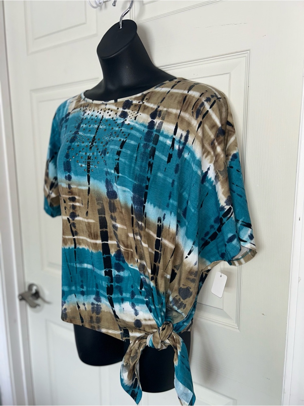 new directions Teal and Brown Tie-Dye Side-Tie Short Sleeve Top